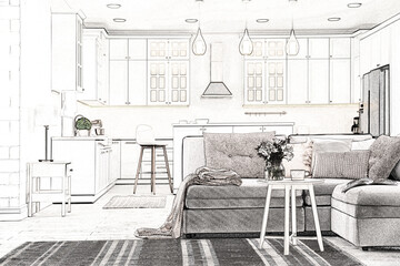Sketch of kitchen and living room interior with stylish furniture. Illustration