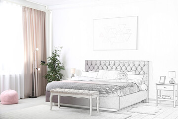 Stylish bedroom interior with modern furniture. Combination of photo and sketch