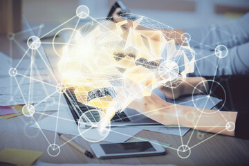 Multi exposure of woman hands working on computer and brain hologram drawing. Ai concept.