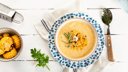 Corn soup on white background.