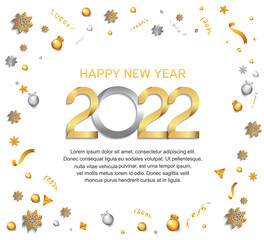 happy new year 2022 golden and silver number with party element and gold brush isolated on white background
