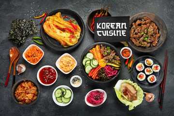 Assortment of Korean traditional dishes. .