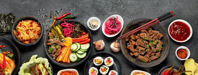 Assortment of Korean traditional dishes. .