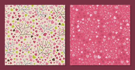 Branches with pink hearts, forest of love - vector illustration, seamless pattern for your design. Background for fabric, textile, wallpaper, poster, web site, card, gift wrapping paper