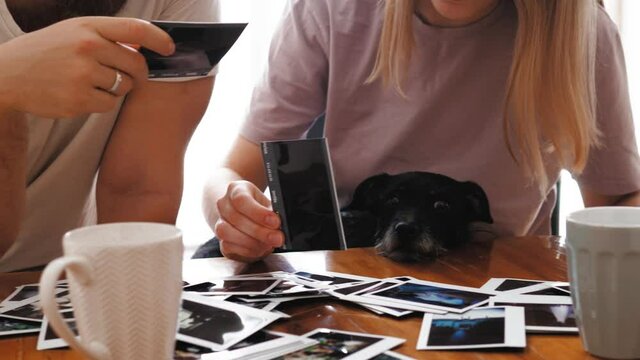 Sweet couple watching their printed  photos from the wedding and showing to black dog pet. Family with a black dog looking at photographs. Concept of nostalgia and good memories 