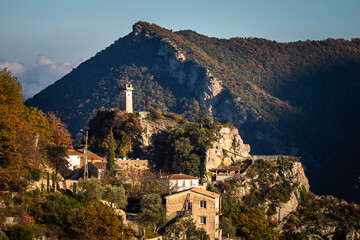 Aerial view above the French Village of Sigale in the Alpes-Maritimes department in the southeastern Provence-Alpes-Côte d'Azur region of France