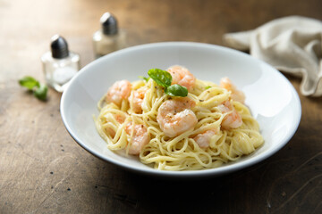 Traditional homemade pasta with shrimps
