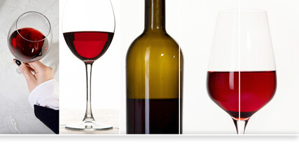 Collage made of Young woman holding glass of red wine.