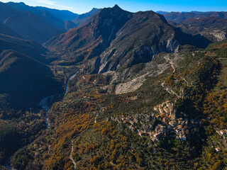 Aerial view of the colours changing in the south of France with snow capped mountain peakin in the...
