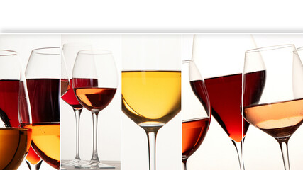Collage made of red, rose and white wine in glasses.