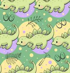 Seamless pattern with cute dinosaur. Stegosaurus in kawaii style. Vector