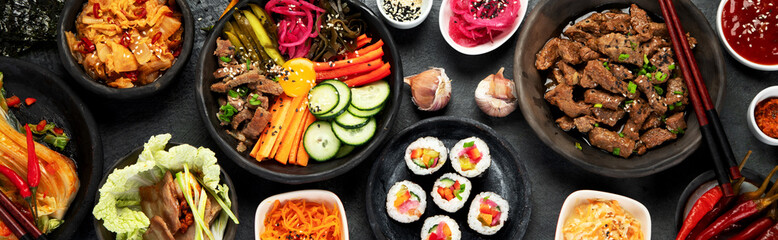 Assortment of Korean traditional dishes. .