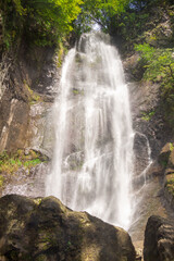 Makhuntseti waterfall, one of the highest waterfalls in Ajara. Point in a Acharistsqali river, where water flows over a vertical drop or a series of steep drops