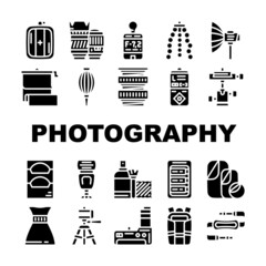 Photography Tool And Accessory Icons Set Vector. Photo Camera Lenses And Light Filters, Flexible Tripod And Background For Make Quality Photography. Battery Bag Glyph Pictograms Black Illustrations