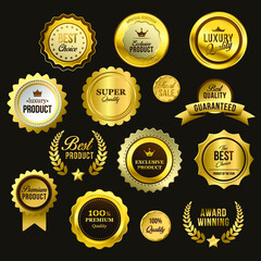 Sales and Promotional Batches Premium Quality Best Choice Award Winning Best Product Golden Labels Flat Vector