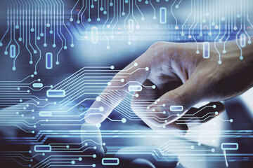 Multi exposure of man's hand holding and using a digital device and data theme drawing. Innovation concept.