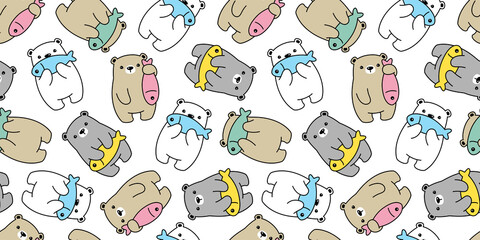 bear seamless pattern polar fish vector teddy cartoon repeat wallpaper doodle tile background illustration scarf isolated design