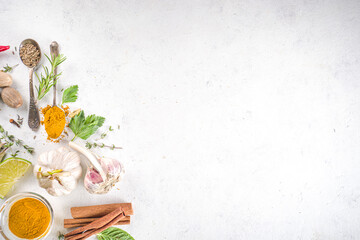 Fresh herbs, dried colorful spices