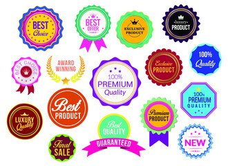 Sales and Promotional Batches Colorful Premium Quality Best Choice Exclusive Labels Set Flat Vector