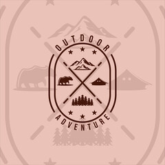 adventure outdoor logo vintage vector illustration template icon graphic design. bear mountain cabin pines at nature with retro simple badge concept typography style