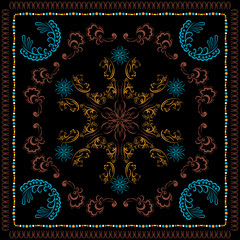 Vector yellow-brown-blue abstract pattern of emerald color. Ethnic pattern, black background. Frame edging from dots of different