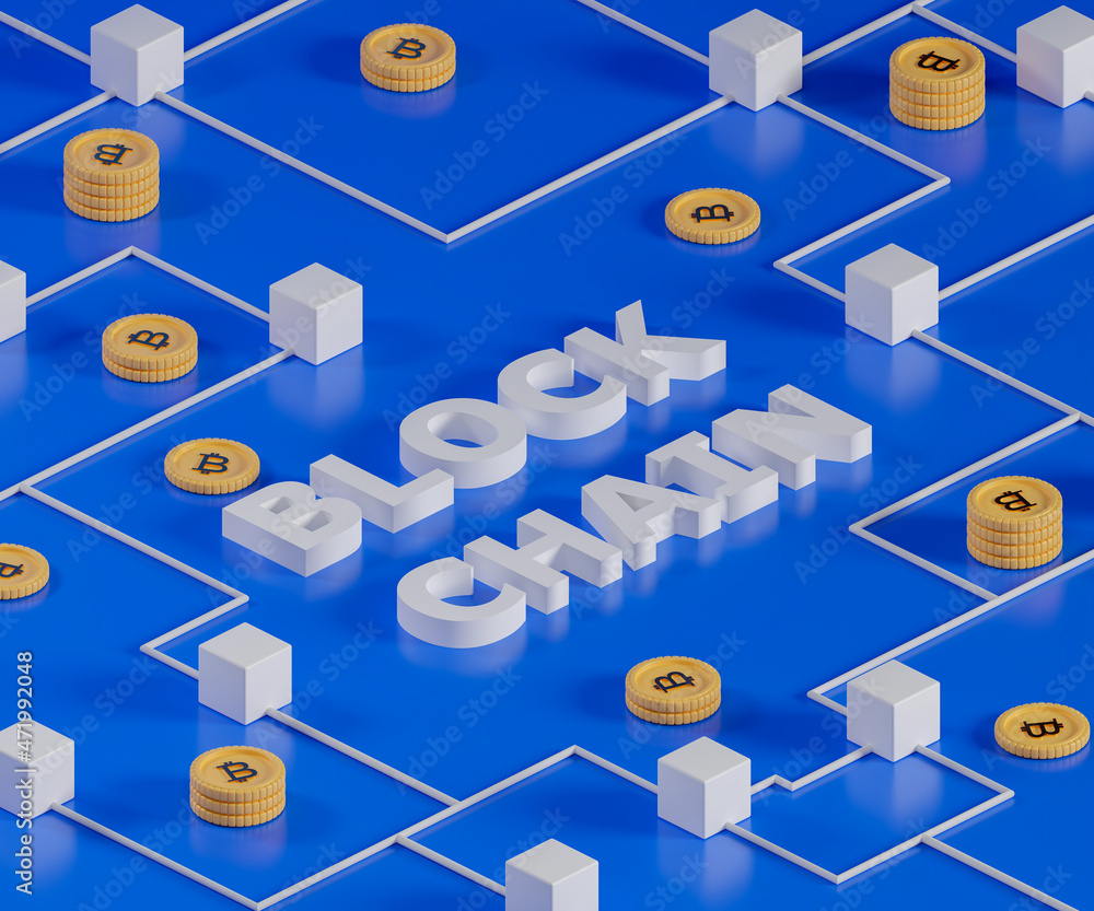 Poster 3d rendering concept blockchain technology isometric illustration.