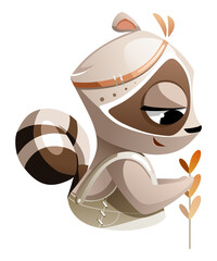 Illustration of a cute raccoon with a twig in its paws.