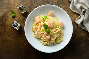 Traditional homemade pasta with shrimps