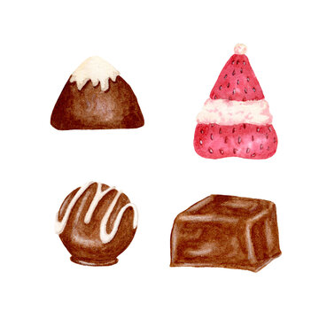 Watercolor set of chocolate sweets. Set of candies with chocolate, truffles, strawberry with cream and pralines, watercolor hand drawn illustration. Sweets isolated on a white background.