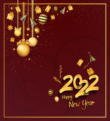 happy new year 2022 golden number with christmas element party isolated on red background