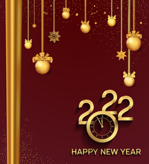 happy new year 2022 golden number with christmas element party isolated on red background