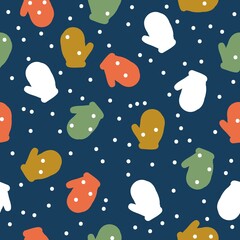 seamless Christmas pattern. Cute colored mittens and snow. Dark blue background . vector texture. trendy print for textiles, wallpaper and packaging.