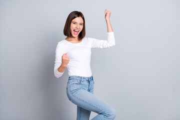 Photo of hooray bob hairstyle young lady yell wear white sweater jeans isolated on grey color background - obrazy, fototapety, plakaty