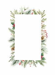 Watercolor vector Christmas frame with fir branches, leaves and a cone. - obrazy, fototapety, plakaty