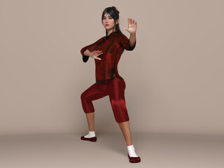 Fototapeta na wymiar 3D Render : a character of a female fighter with chinese Kung Fu style wearing chinese Cheongsam