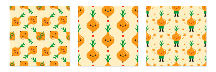 Set, collection of three vector seamless pattern backgrounds with cute and happy onion characters.
