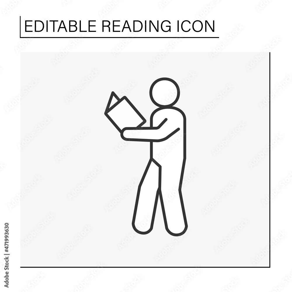Poster reader line icon. man walking in the room and reading an interesting book. process of acquiring skil