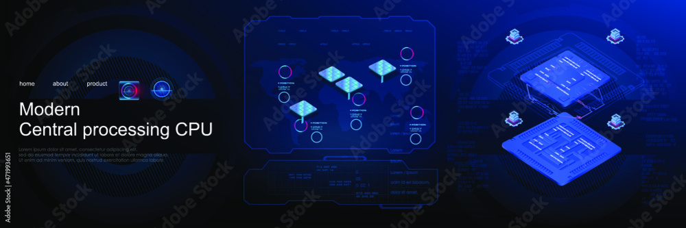 Poster new generation processor. advertising cyber banner for processing large amounts of information. deve