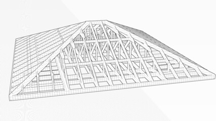 
frame of the hip roof truss system with trusses black and white drawing