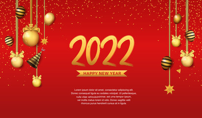 happy new year 2022 golden number with party element isolated on red background