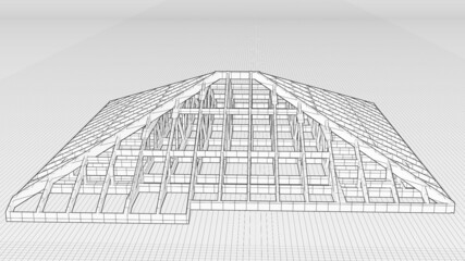 frame of the hip roof truss system with trusses black and white drawing