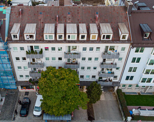 District of Giesing in Munich city seen from above. Aerial drone view of an European city