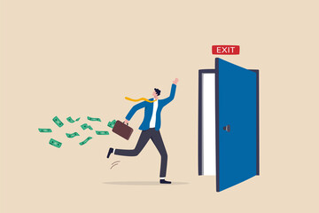 Escape or run away before market drop, market timing to sell and get profit, exit with money to avoid financial crisis concept, success businessman investor run away with his profit money to exit door