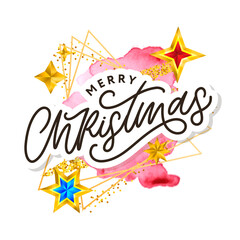 Merry Christmas text decorated with hand drawn lettering with gold stars. Greeting card design element. Vector typography.