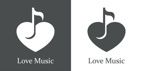 Logotipo con texto Love Music con nota musical en corazón para su uso en invitaciones y tarjetas de felicitación en fondo gris y fondo blanco