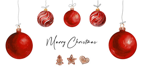 Christmas collection of balls for a Christmas tree. Decoration for the holiday in watercolor. Hand painted watercolor iluustration. Vector elements isolated on white background
