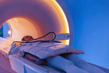 Medical CT or MRI Scan with a patient in the modern hospital laboratory. Interior of radiography...