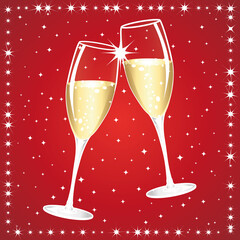 Two cups of Champagne. Toast. Event. Happy New Year or Anniversary. Red and gold vector illustration.	