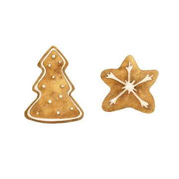 Watercolor Christmas tree and star - gingerbread cookies. Isolated on white background. Using for card, postcard. Christmas greeting card. Hand drawn.