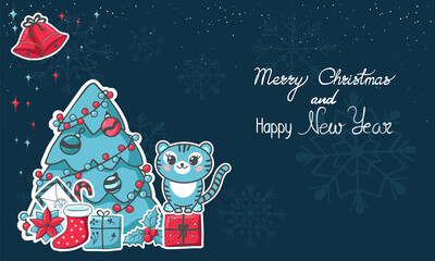 Christmas and New Year banner with Christmas Tree and cute Tiger Cub, sitting on present box . Symbol of the year 2022. Christmas banner, poster, greeting card